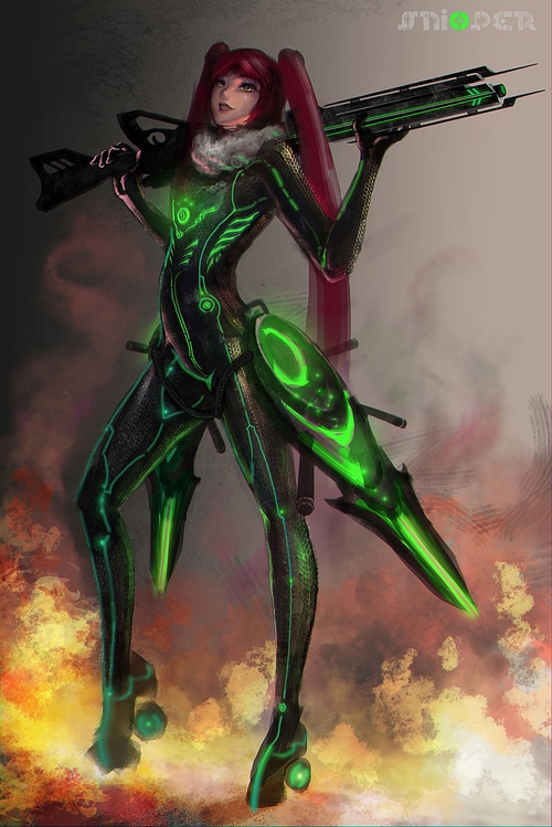 Fantasy girl with twintails and a futuristic gun
