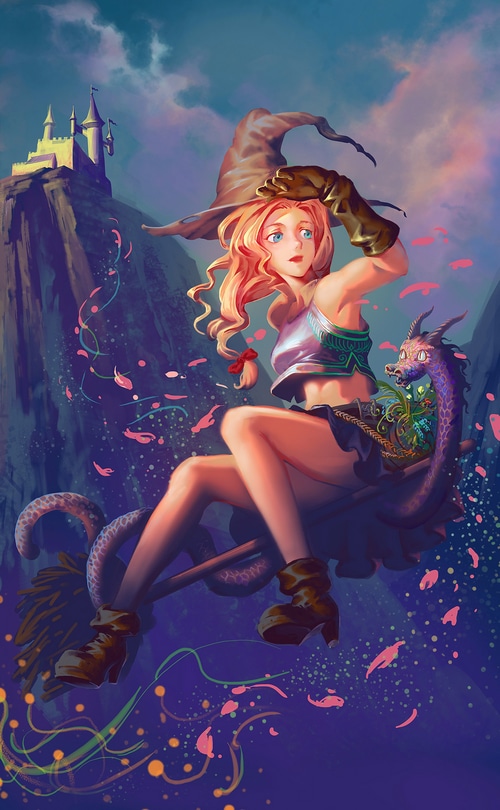 Fantasy art of a witch and dragon flying