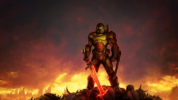 4K DOOM Eternal: Doom Slayer with glowing sword