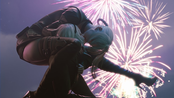 4K CGI women kissing with fireworks