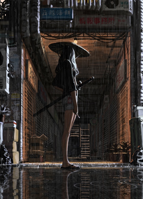 Fantasy girl with katana in the rain