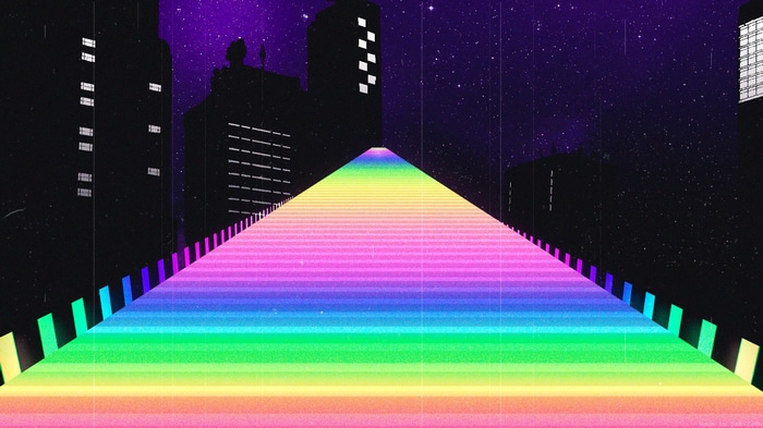 Retro city skyline with a rainbow road under a starry night sky