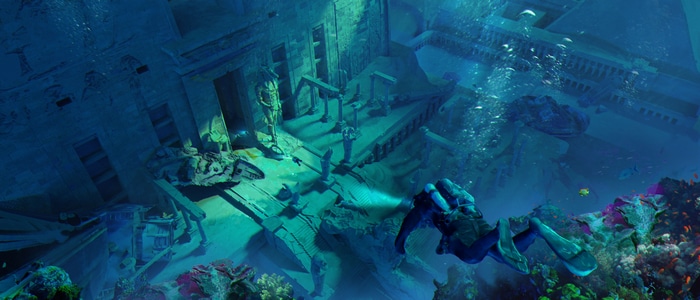 4K Underwater Ancient Ruins with Diver