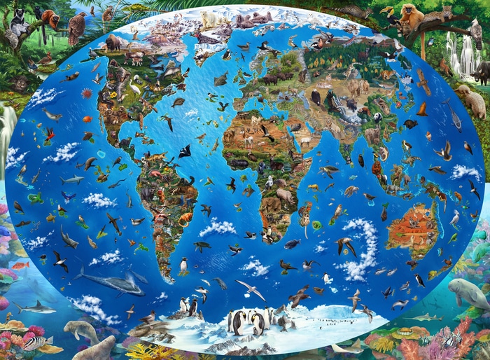 World map with diverse animals on continents and in oceans