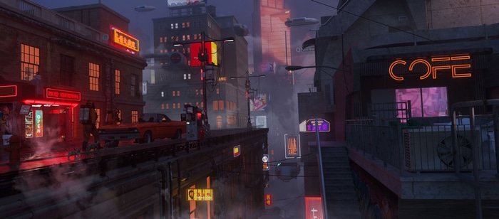 Cyberpunk city street with neon signs and flying cars