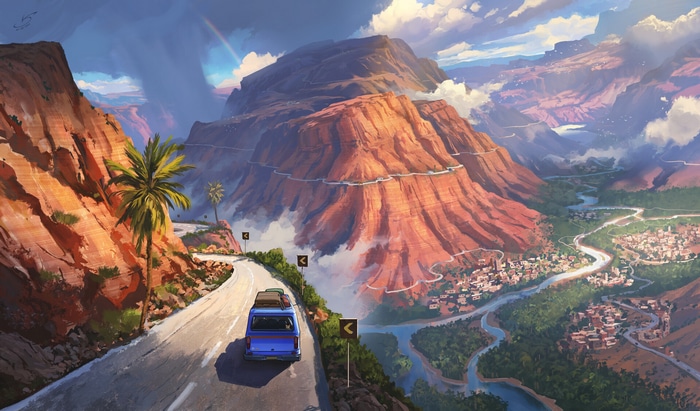 Digital art of a car driving on a mountain road