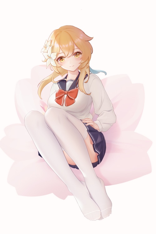 Lumine in a school uniform sitting on a flower