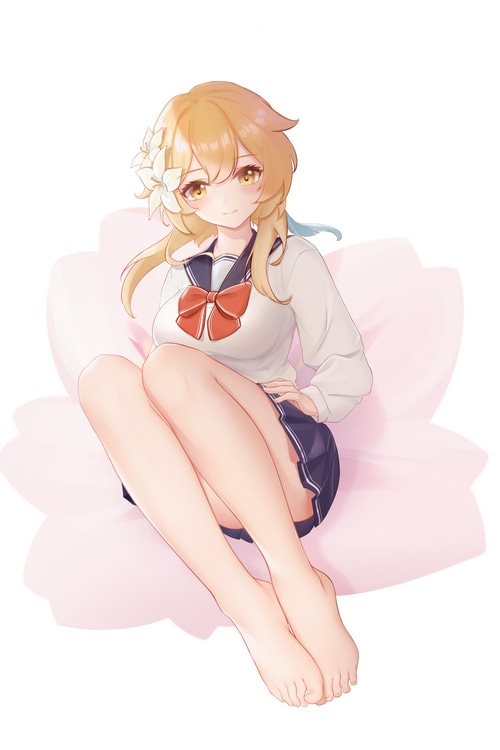 Lumine in school uniform with flower in hair