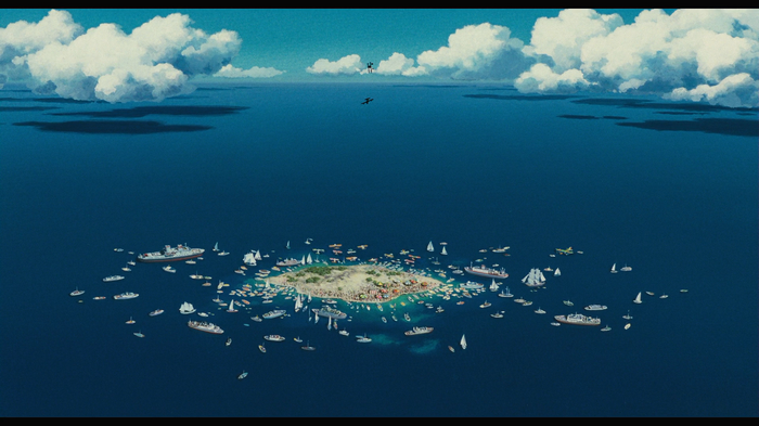 Porco Rosso island surrounded by boats