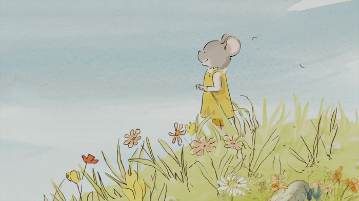 Celestine the mouse in a yellow dress in a field of flowers