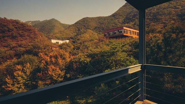 Buildings in a forest on hills in China