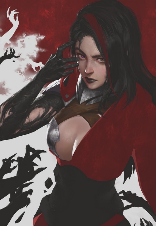 Fantasy art of a woman with dark hair and heterochromia