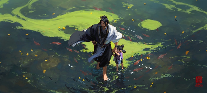 Kan Liu and child walk through water with koi fish