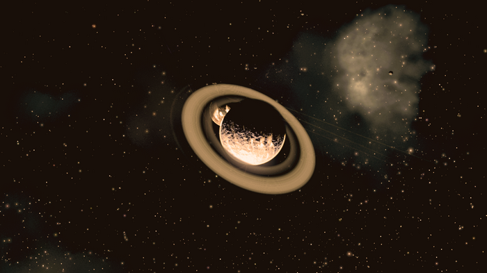 Planet with rings in space with stars and nebula