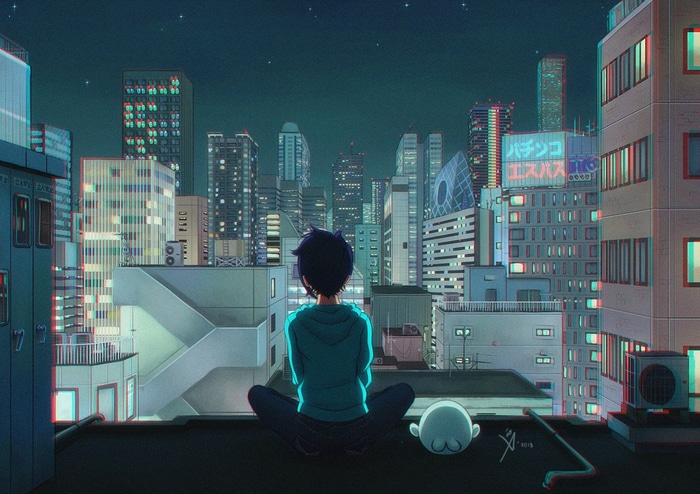 Boy and ghost on a rooftop overlooking a cityscape at night