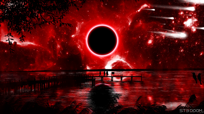 Red Nebula Eclipse Over Water with Silhouettes