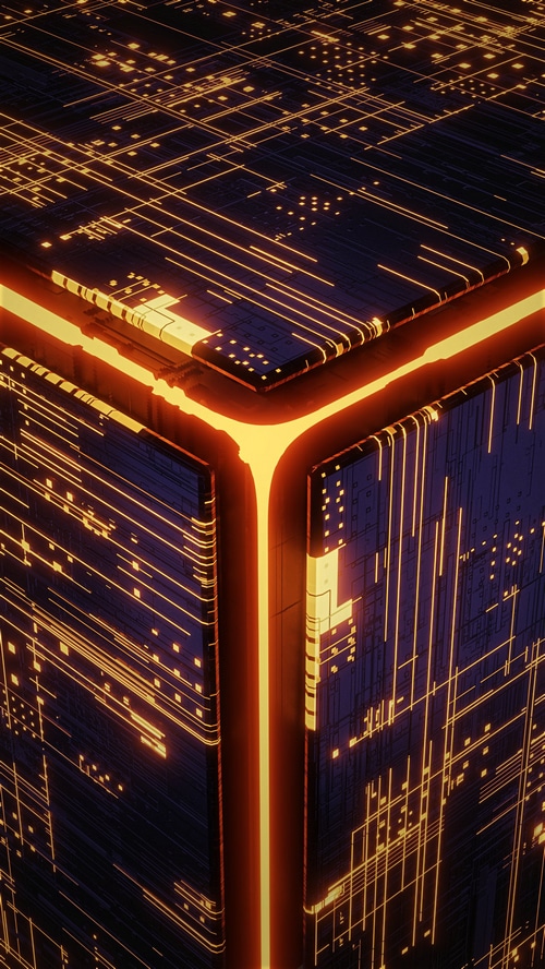 Abstract cube with glowing orange circuits and lights