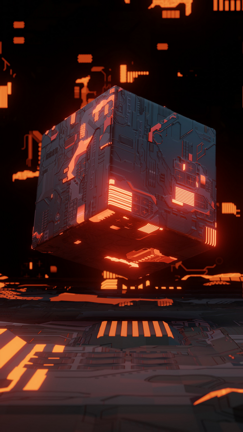 Sci-fi cube with orange lights on a dark background