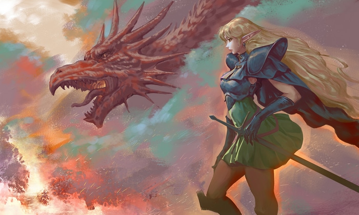 Deedlit and a red dragon from Record of Lodoss War
