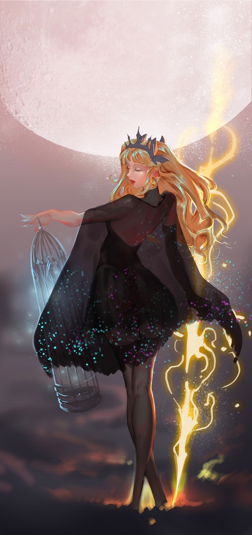 Ereshkigal from Fate/Grand Order holding a birdcage
