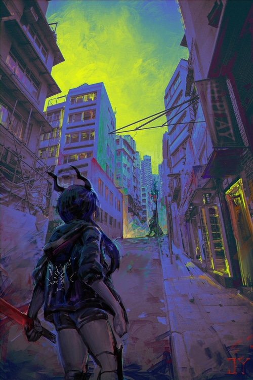 Arknights: Chen in a neon-lit alleyway