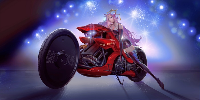 4K Pink Haired Woman on a Red Motorcycle