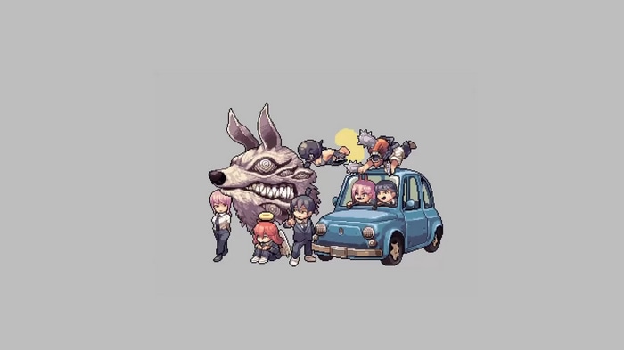 Chainsaw Man characters with a wolf-like creature and a car