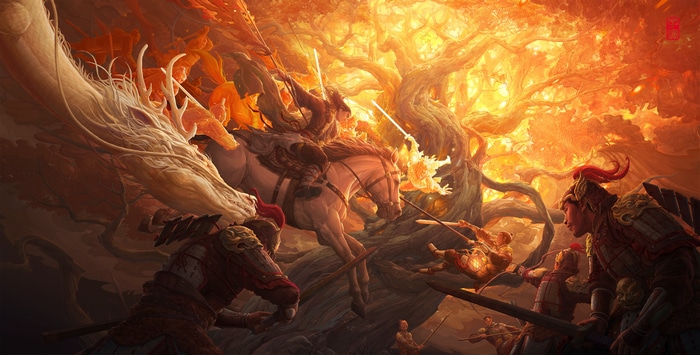 4K Three Kingdoms battle with dragon and warriors