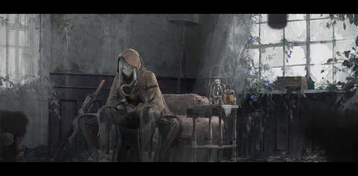 4K Artwork of a hooded figure sitting in a room