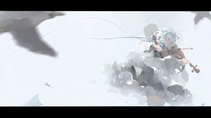 Girl playing violin with birds flying