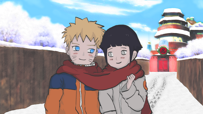 Naruto and Hinata sharing a scarf in the snow