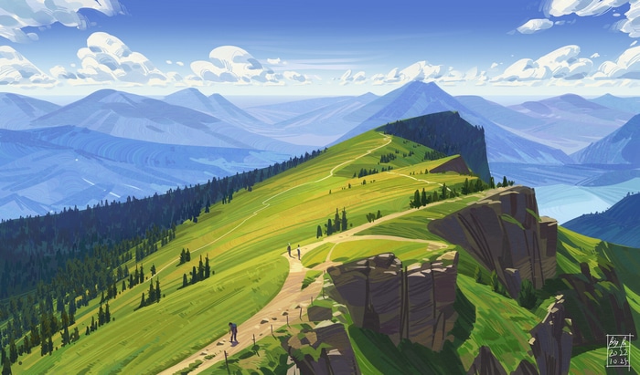 People hiking on a mountain path with rolling hills and mountains