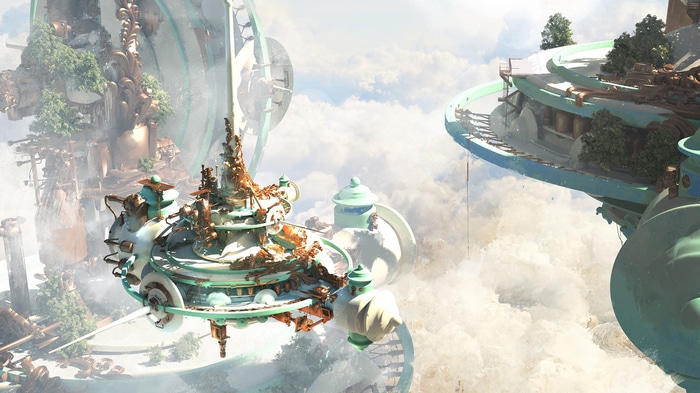 Fantasy steampunk city floating in the clouds