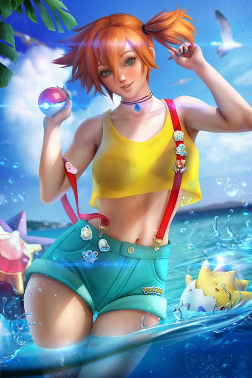Misty from Pokémon holding a Poke Ball in water