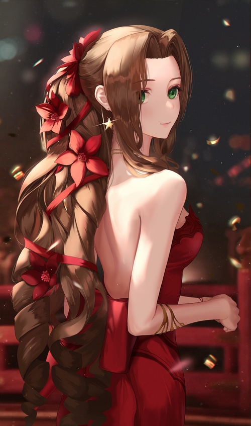 Aerith Gainsborough in a red dress with flowers in her hair
