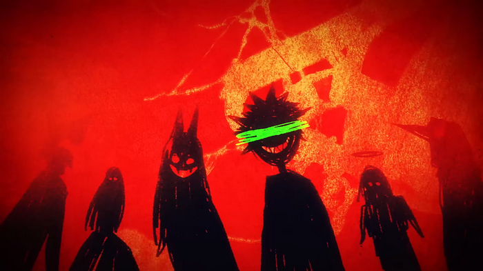 Chainsaw Man characters in a red, abstract background