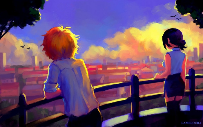 Reze and Denji watch the sunset over a city