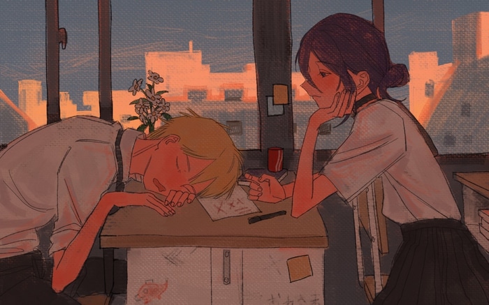 Denji and Reze in a classroom at sunset