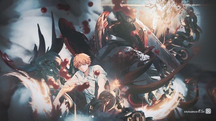 Denji from Chainsaw Man with abstract mechanical elements