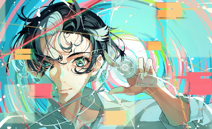Anime boy with blue eyes and futuristic interface