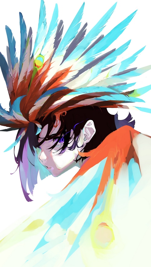 Anime girl with colorful feathers and purple eyes