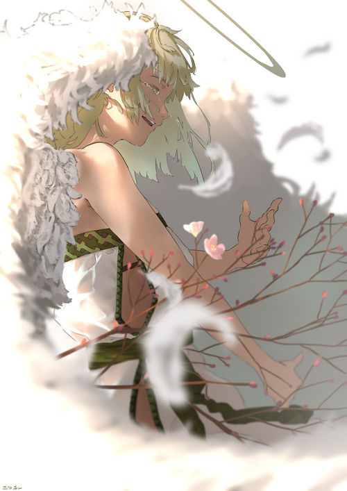 Angel with halo and feathers crying