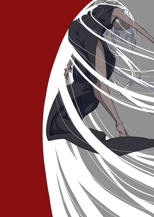 Nico Tina with white hair in a black dress