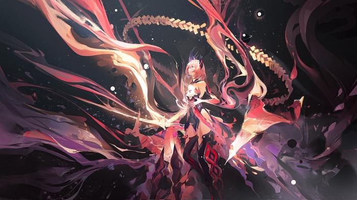 Ying Yi with red eyes and flowing ribbons