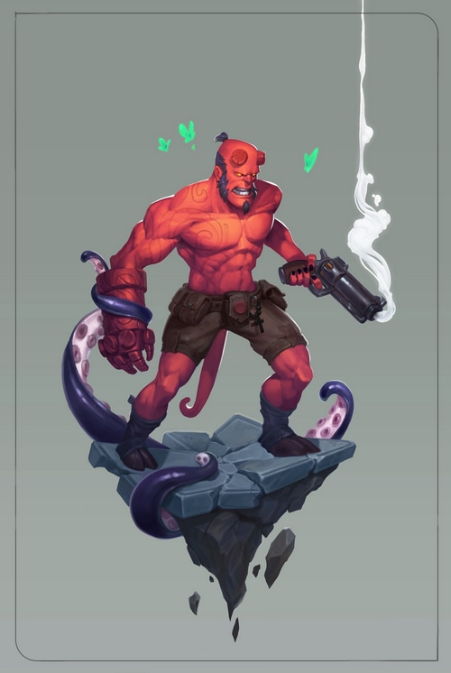 Hellboy with tentacles and gun on floating island