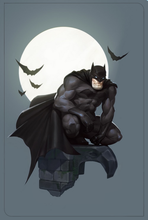 Batman crouches on a gargoyle under the moon