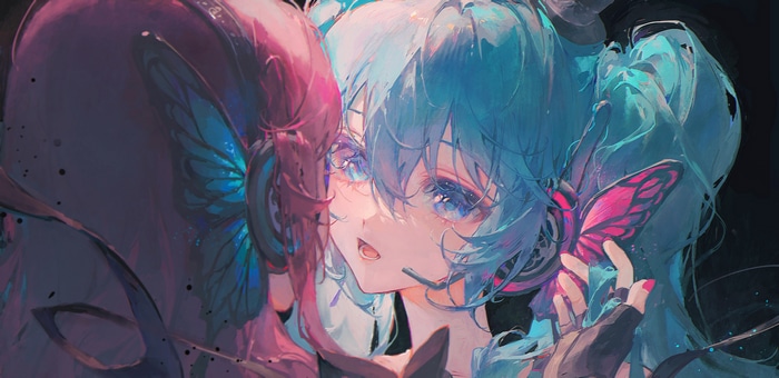 Megurine Luka and Hatsune Miku with butterflies