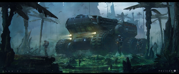 4K futuristic military vehicle in a swamp