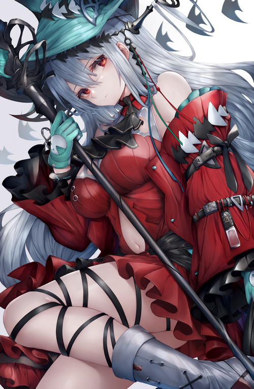 Skadi from Arknights with red eyes and witch hat