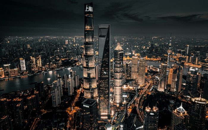 4K Shanghai skyline at night with skyscrapers and lights